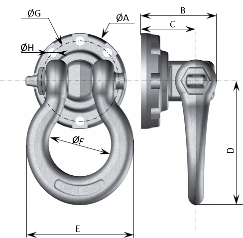Schéma Anneau de levage et de remorquage forte charge, embase orientable.
